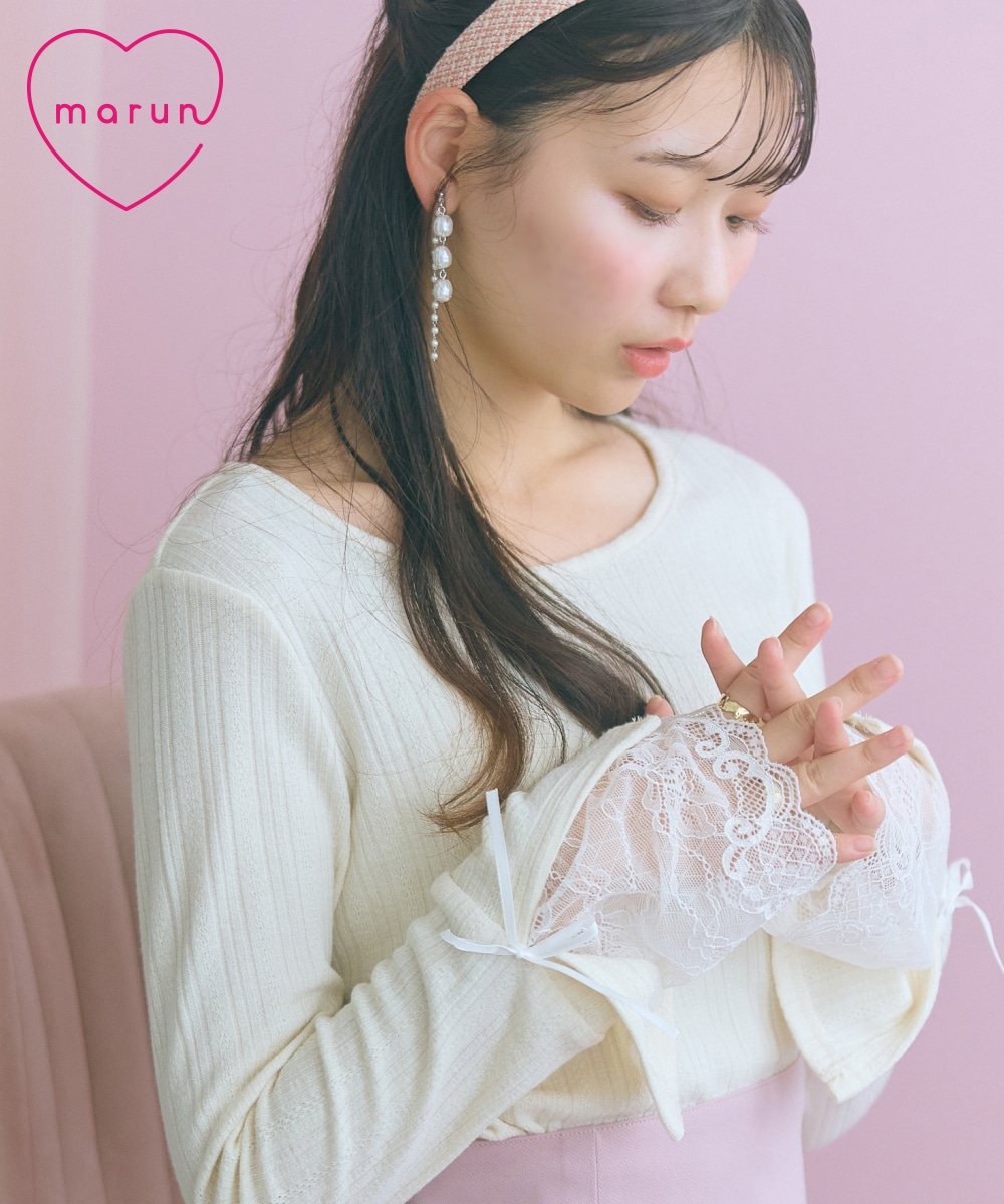 袖口リボンレーステレコリブカットソートップス　大きいサイズ　marun