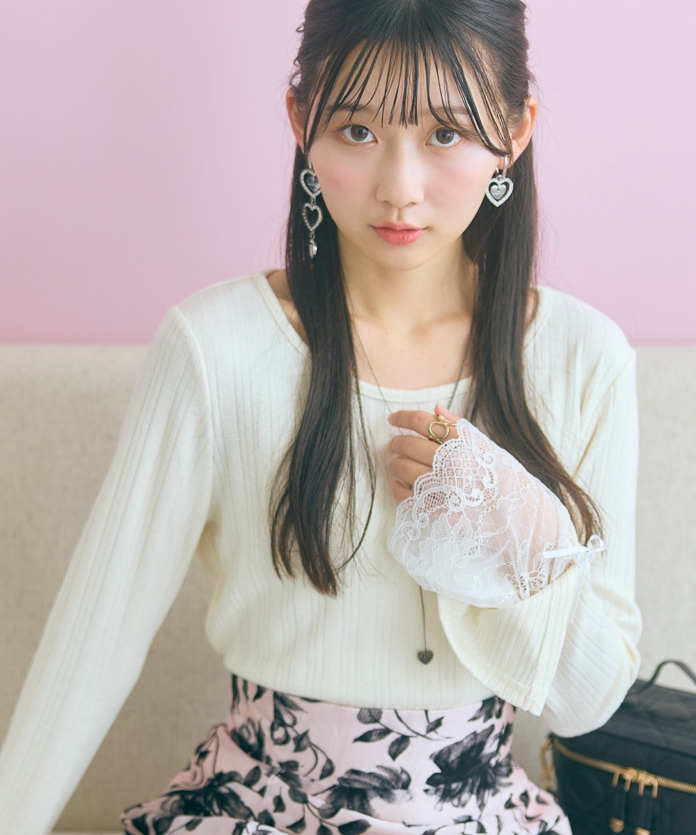 袖口リボンレーステレコリブカットソートップス　大きいサイズ　marun