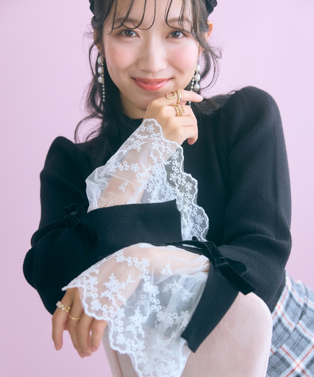 ハイネックフレア袖レースニットトップス　大きいサイズ　marun