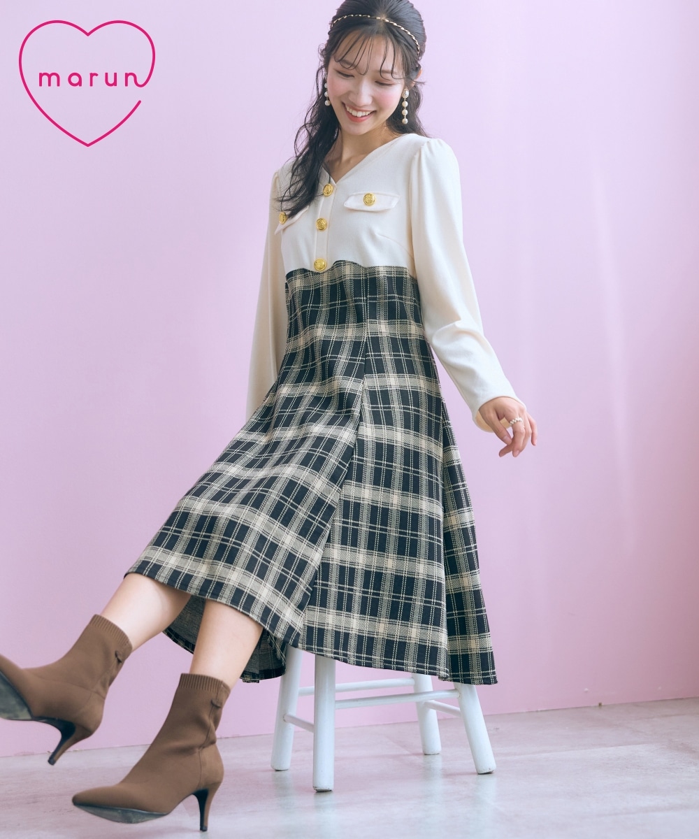 金ボタンチェックジャガードドッキングワンピース　大きいサイズ　marun