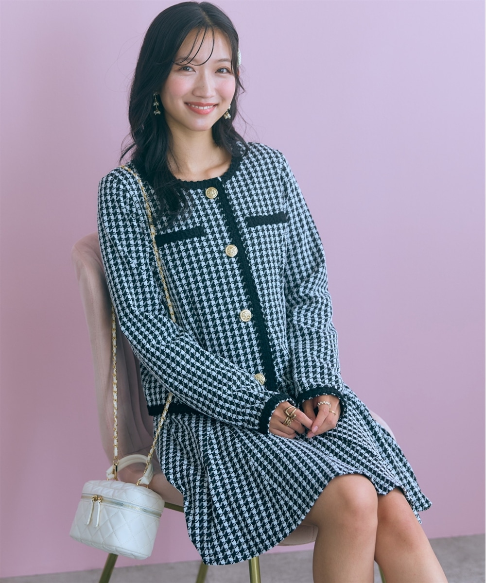 千鳥チェックジャガードジャケット風カーディガン 大きいサイズ marun22