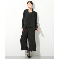 【喪服・礼服】洗える防しわノーカラージャケットワイドパンツスーツ（ジャケット＋プリーツブラウス＋ワイドパンツ）　大きいサイズ　Callarus