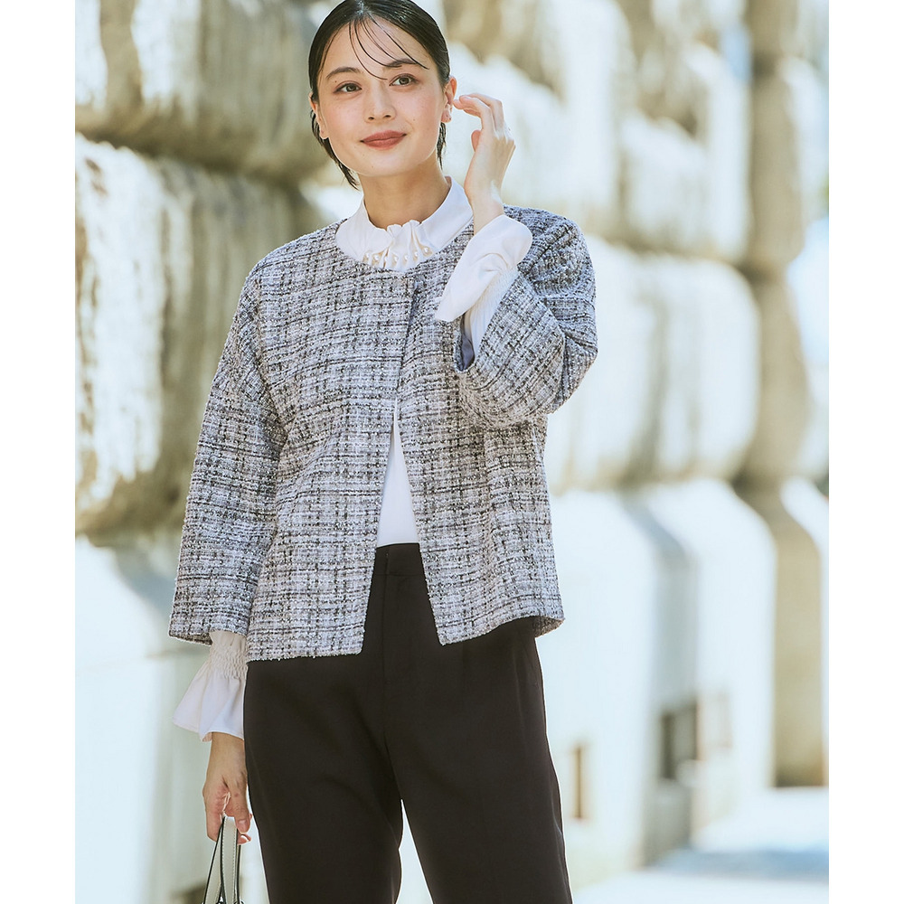 【入学式・卒業式・フォーマル】カットツイードノーカラーデザインジャケット+ストレッチパンツスーツ 大きいサイズ Callarus10