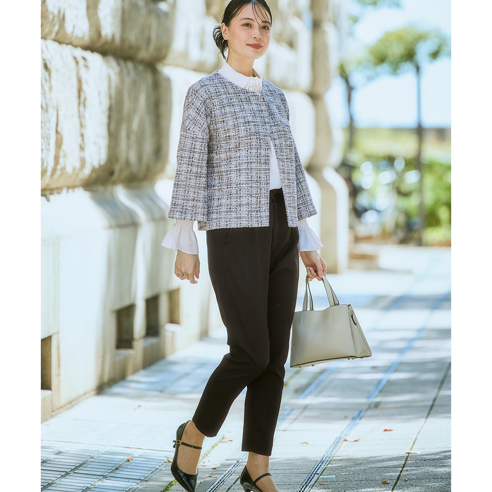 【入学式・卒業式・フォーマル】カットツイードノーカラーデザインジャケット+ストレッチパンツスーツ 大きいサイズ Callarus12