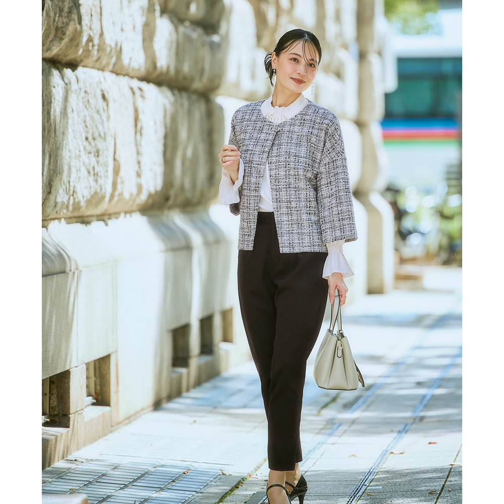 【入学式・卒業式・フォーマル】カットツイードノーカラーデザインジャケット+ストレッチパンツスーツ 大きいサイズ Callarus14