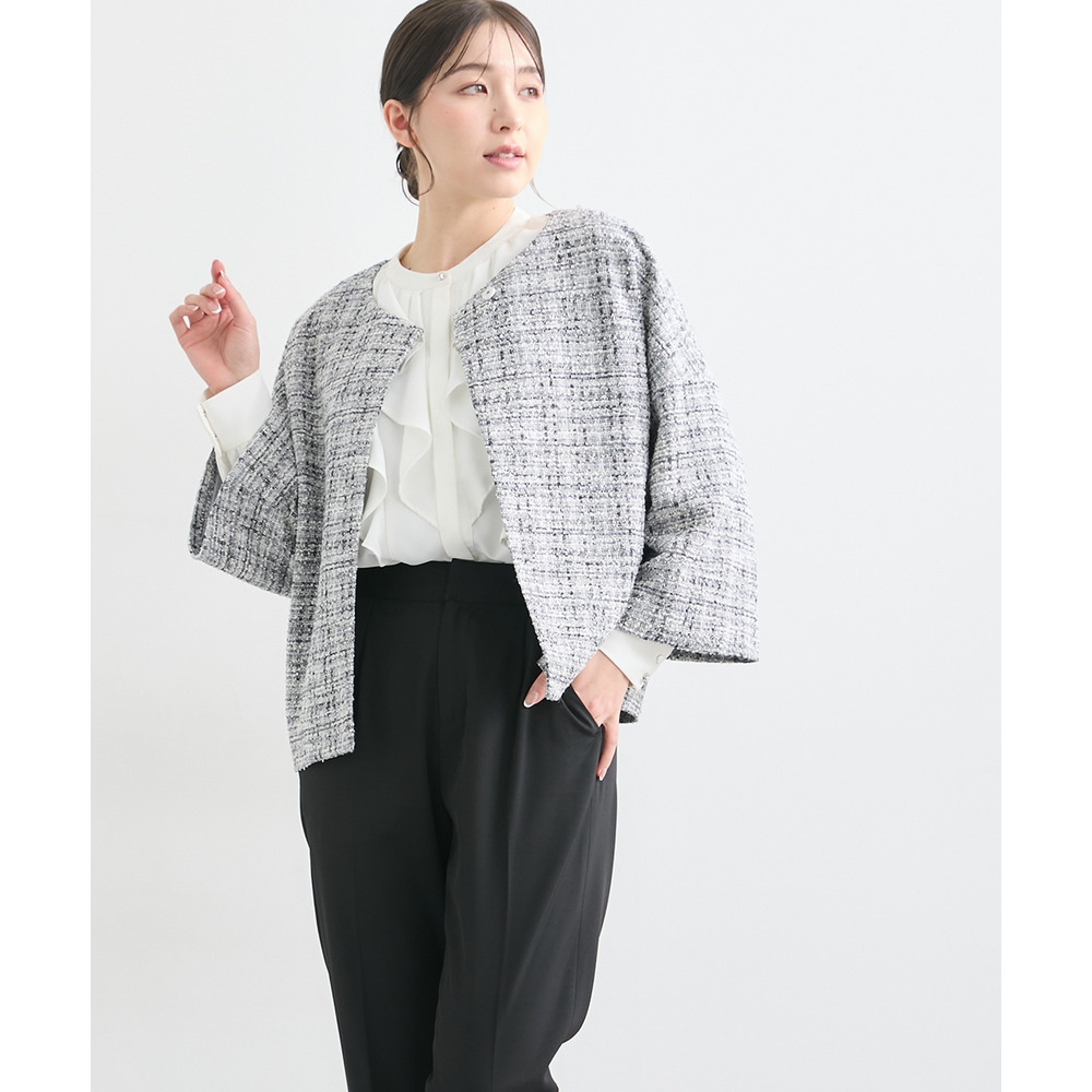 【入学式・卒業式・フォーマル】カットツイードノーカラーデザインジャケット+ストレッチパンツスーツ 大きいサイズ Callarus21