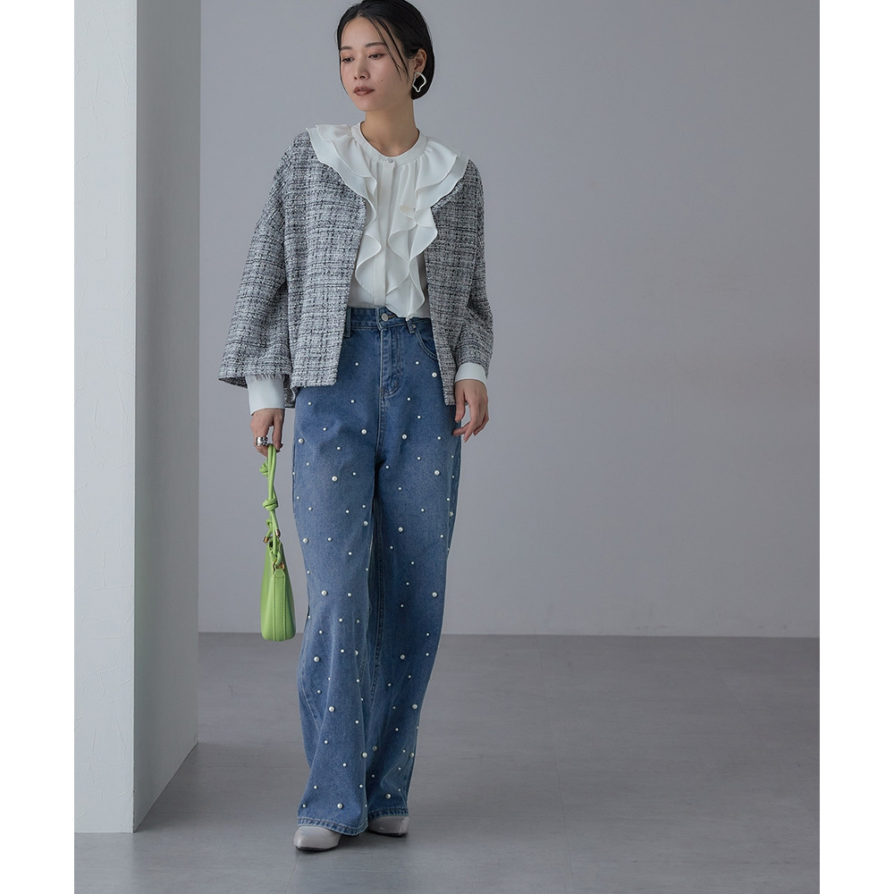 【入学式・卒業式・フォーマル】カットツイードノーカラーデザインジャケット+ストレッチパンツスーツ 大きいサイズ Callarus22