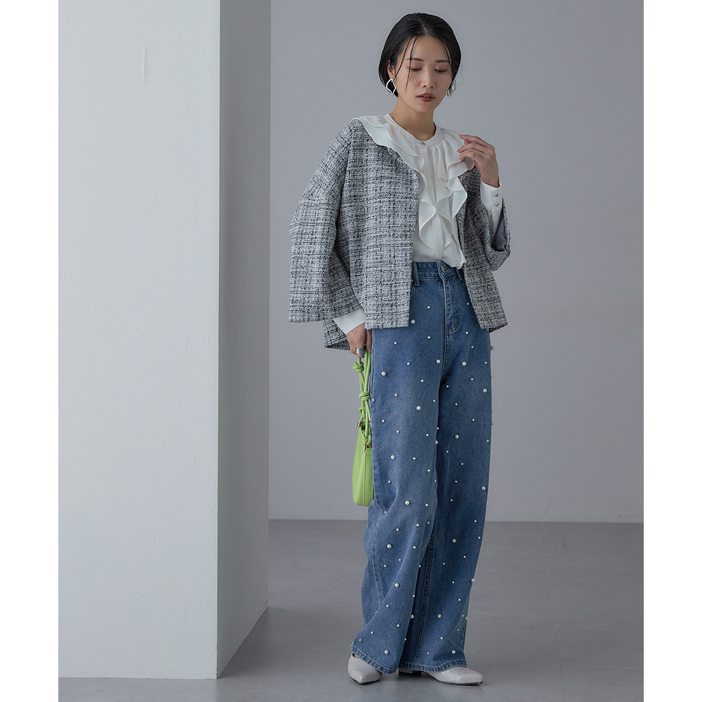 【入学式・卒業式・フォーマル】カットツイードノーカラーデザインジャケット+ストレッチパンツスーツ 大きいサイズ Callarus23