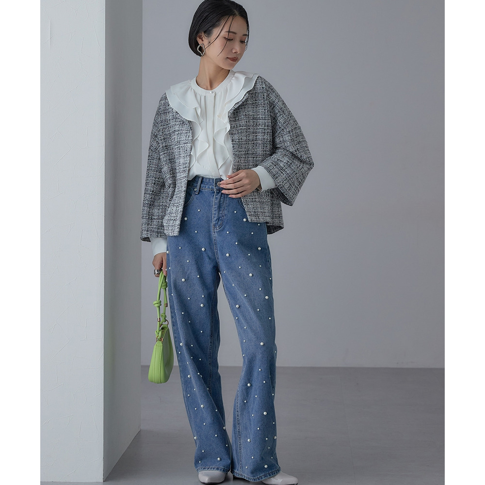 【入学式・卒業式・フォーマル】カットツイードノーカラーデザインジャケット+ストレッチパンツスーツ 大きいサイズ Callarus24