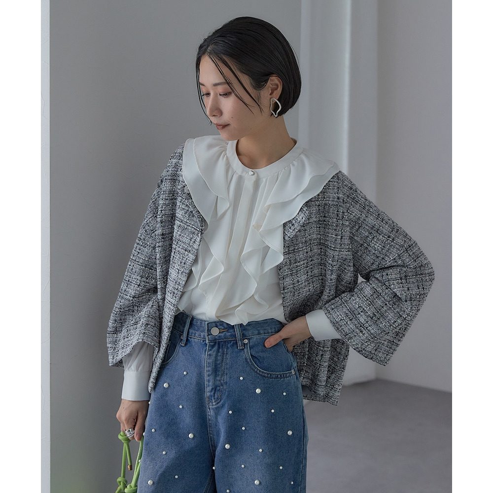 【入学式・卒業式・フォーマル】カットツイードノーカラーデザインジャケット+ストレッチパンツスーツ 大きいサイズ Callarus25