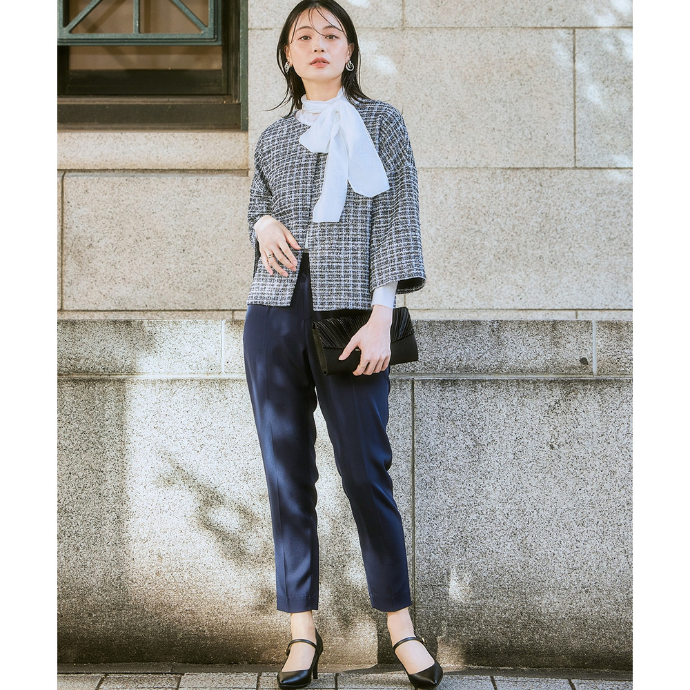 【入学式・卒業式・フォーマル】カットツイードノーカラーデザインジャケット+ストレッチパンツスーツ 大きいサイズ Callarus6