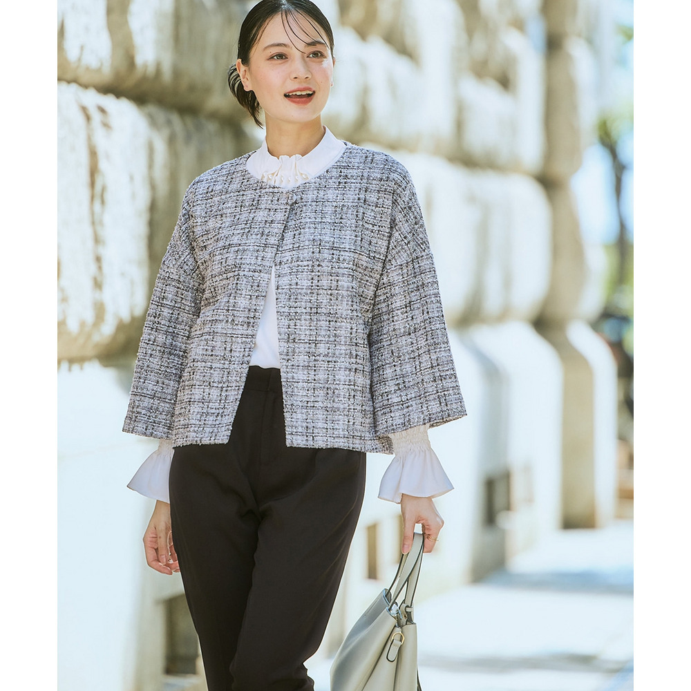 【入学式・卒業式・フォーマル】カットツイードノーカラーデザインジャケット+ストレッチパンツスーツ 大きいサイズ Callarus8