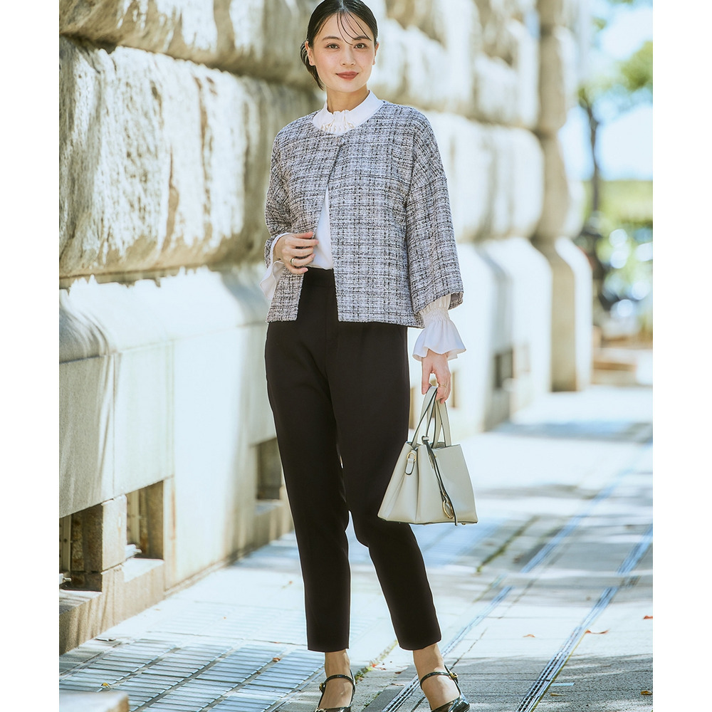 【入学式・卒業式・フォーマル】カットツイードノーカラーデザインジャケット+ストレッチパンツスーツ 大きいサイズ Callarus9