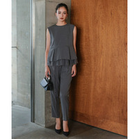 【お呼ばれ・よそいき・結婚式・パーティー・オケージョンドレス】チュール切替ペプラムデザインストライプブラウス＋パンツセットアップドレス 大きいサイズ　Callarus