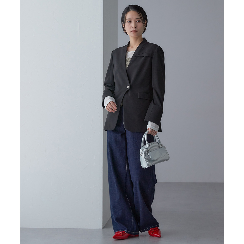 【入学式・卒業式・フォーマル】<単品>ストレッチノーカラーヨークデザインジャケット 大きいサイズ Callarus25