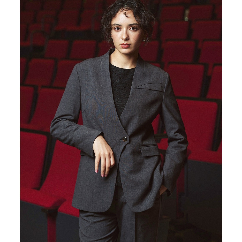 【入学式・卒業式・フォーマル】<単品>ストレッチノーカラーヨークデザインジャケット 大きいサイズ Callarus1