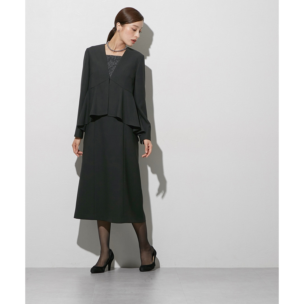 【喪服・礼服】袱紗も入るポケット仕様 洗える防しわペプラムドッキングデザインワンピース 大きいサイズ Callarus7