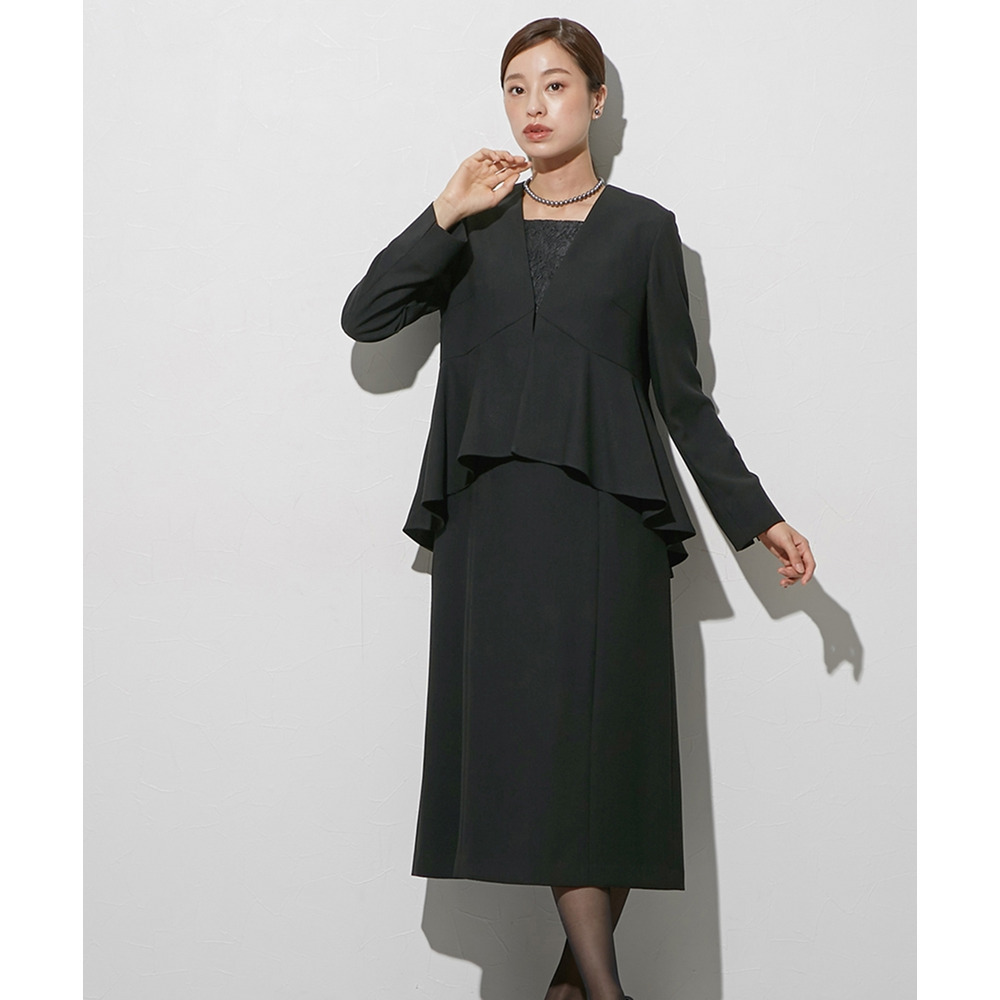 【喪服・礼服】袱紗も入るポケット仕様 洗える防しわペプラムドッキングデザインワンピース 大きいサイズ Callarus9