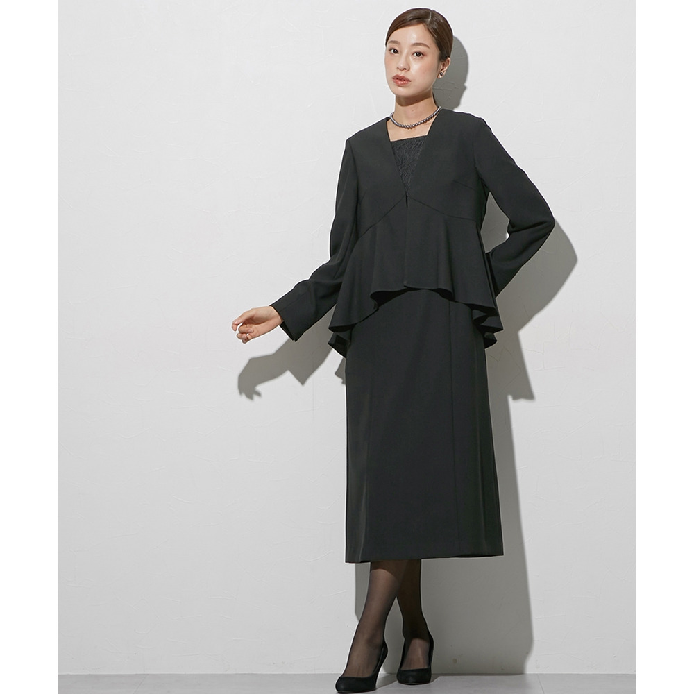 【喪服・礼服】袱紗も入るポケット仕様 洗える防しわペプラムドッキングデザインワンピース 大きいサイズ Callarus1