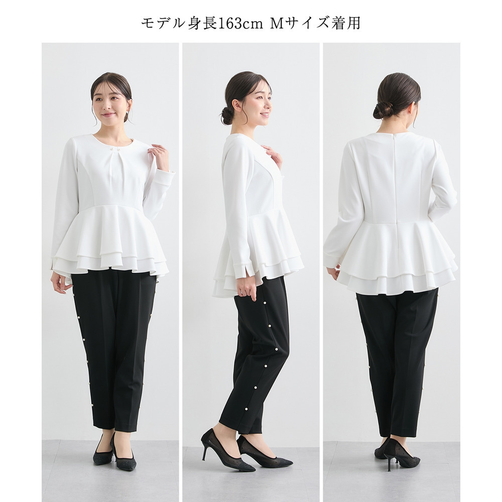 【入学式・卒業式・フォーマル】カットジョーゼットペプラムブラウス+パール調ボタンデザインテーパードパンツセットアップ 大きいサイズ Callarus24