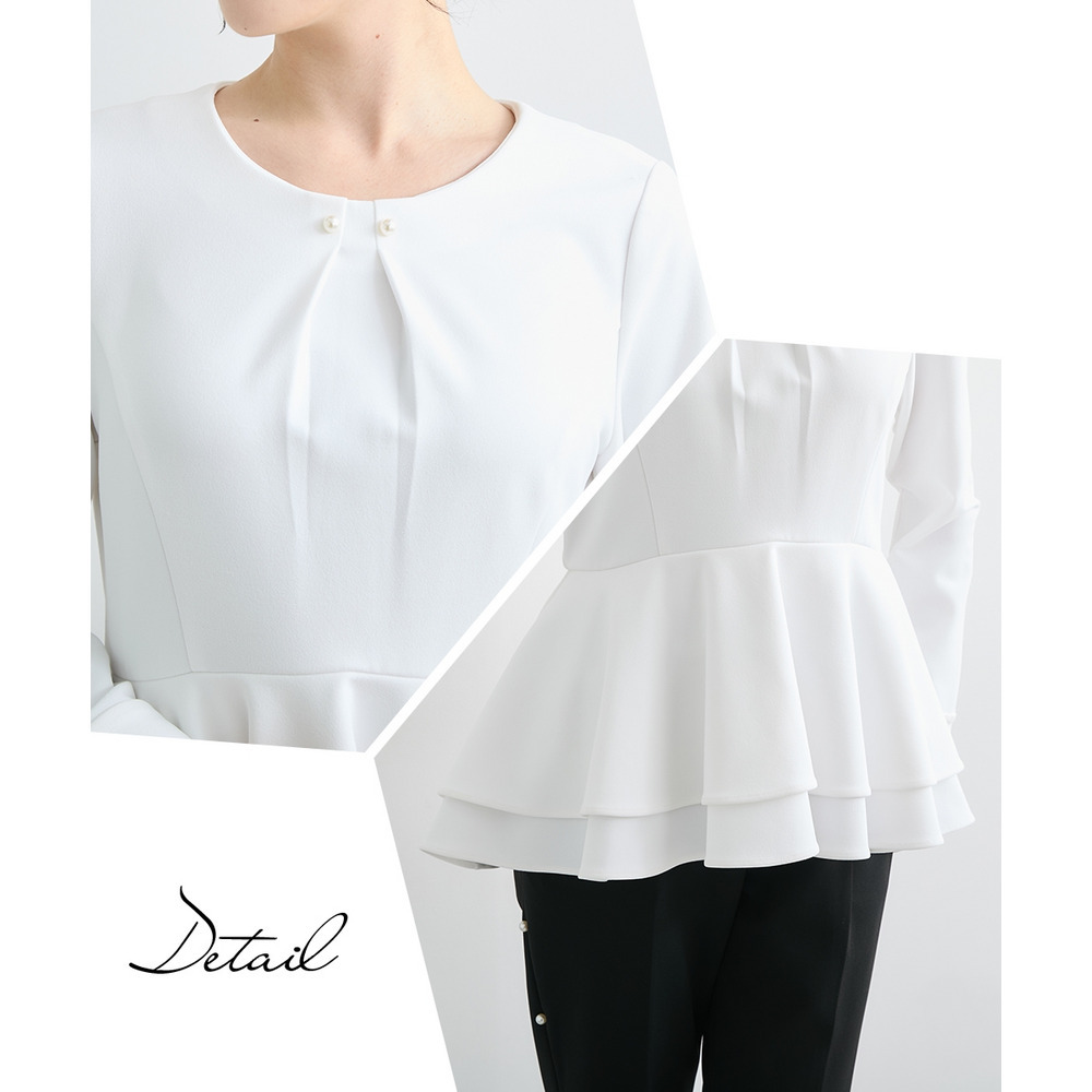 【入学式・卒業式・フォーマル】カットジョーゼットペプラムブラウス+パール調ボタンデザインテーパードパンツセットアップ 大きいサイズ Callarus26