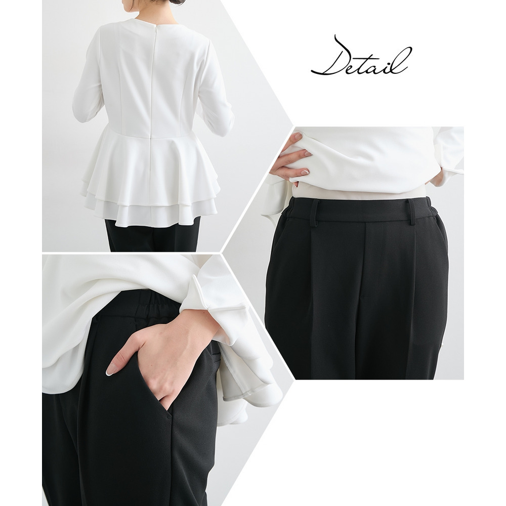 【入学式・卒業式・フォーマル】カットジョーゼットペプラムブラウス+パール調ボタンデザインテーパードパンツセットアップ 大きいサイズ Callarus28