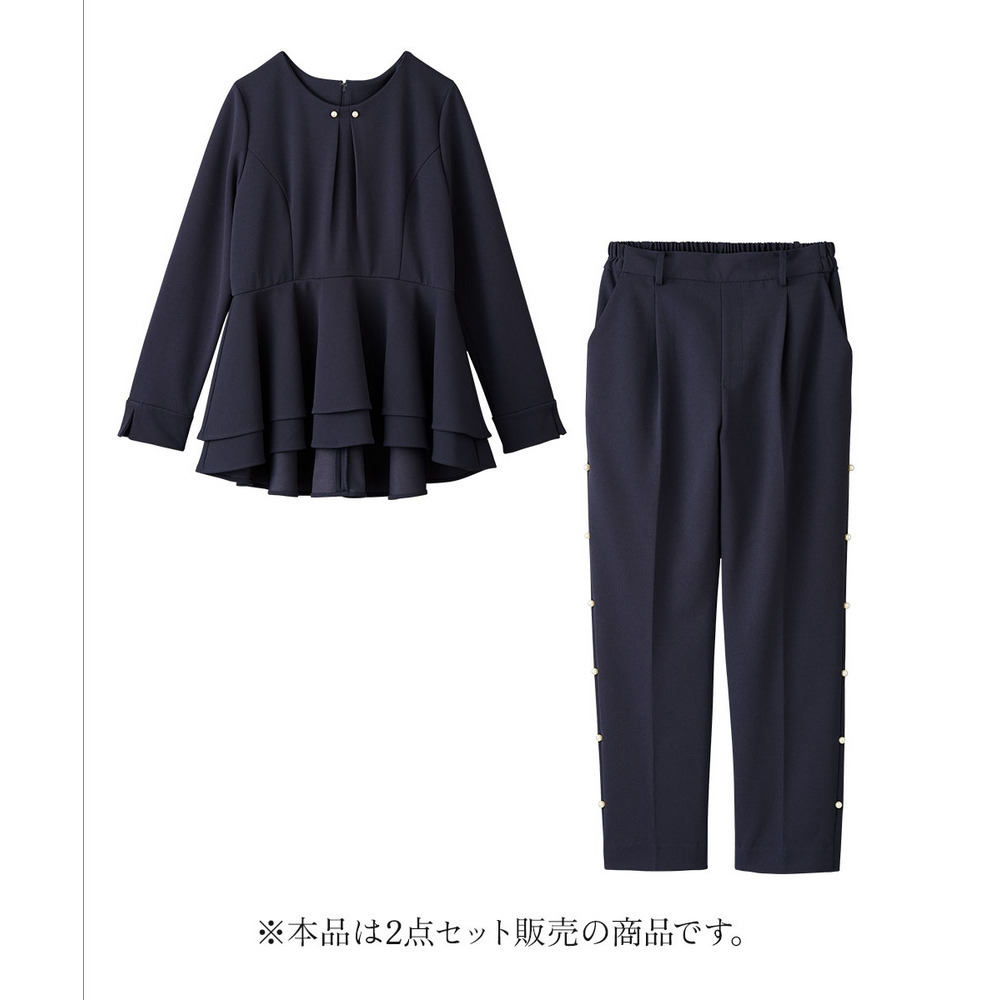【入学式・卒業式・フォーマル】カットジョーゼットペプラムブラウス+パール調ボタンデザインテーパードパンツセットアップ 大きいサイズ Callarus3