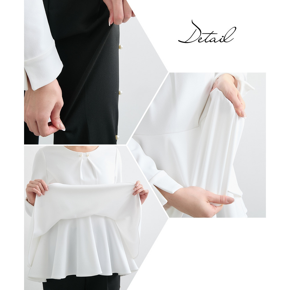 【入学式・卒業式・フォーマル】カットジョーゼットペプラムブラウス+パール調ボタンデザインテーパードパンツセットアップ 大きいサイズ Callarus30