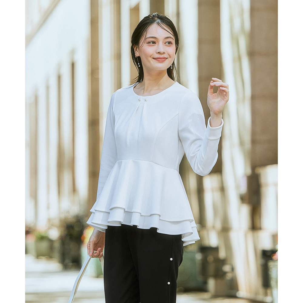 【入学式・卒業式・フォーマル】カットジョーゼットペプラムブラウス+パール調ボタンデザインテーパードパンツセットアップ 大きいサイズ Callarus5