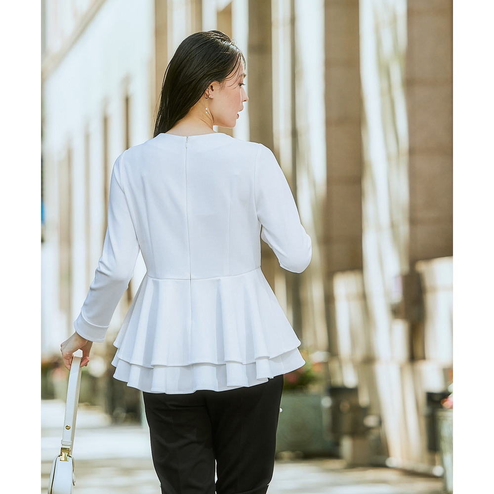 【入学式・卒業式・フォーマル】カットジョーゼットペプラムブラウス+パール調ボタンデザインテーパードパンツセットアップ 大きいサイズ Callarus6