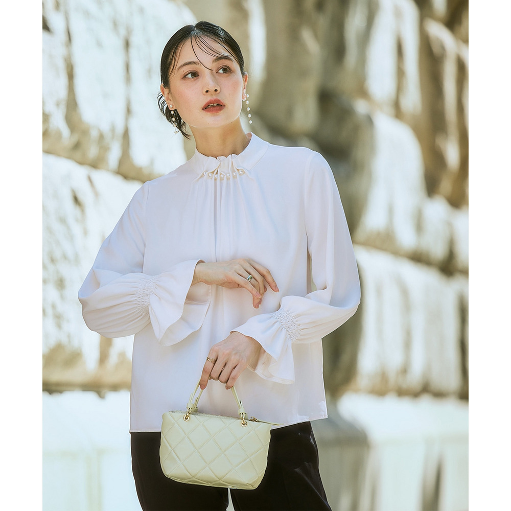 【入学式・卒業式・フォーマル】<単品>パウダークロスフロントタックパール調ボタンブラウス 大きいサイズ Callarus19