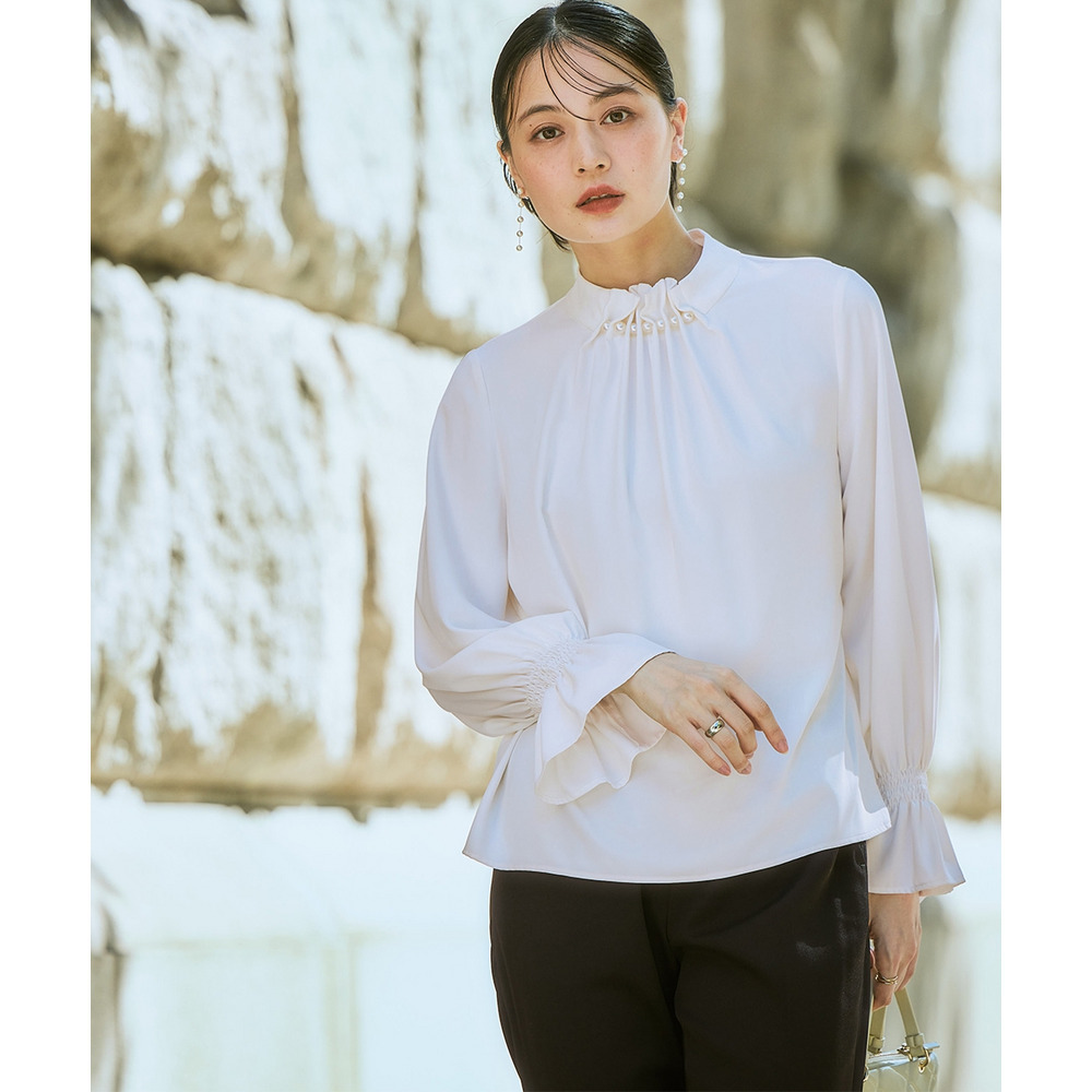 【入学式・卒業式・フォーマル】<単品>パウダークロスフロントタックパール調ボタンブラウス 大きいサイズ Callarus20