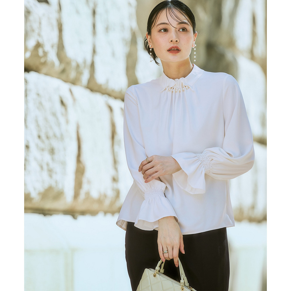 【入学式・卒業式・フォーマル】<単品>パウダークロスフロントタックパール調ボタンブラウス 大きいサイズ Callarus22