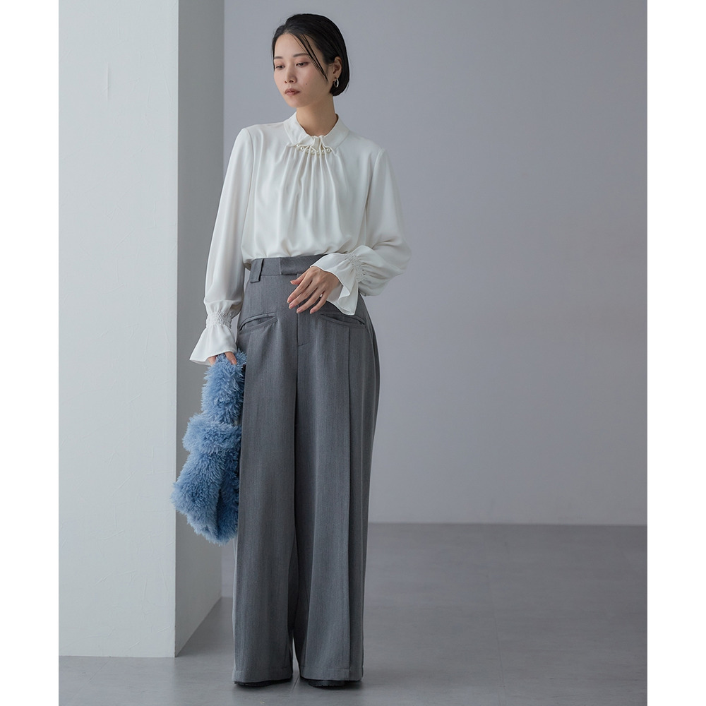 【入学式・卒業式・フォーマル】<単品>パウダークロスフロントタックパール調ボタンブラウス 大きいサイズ Callarus23