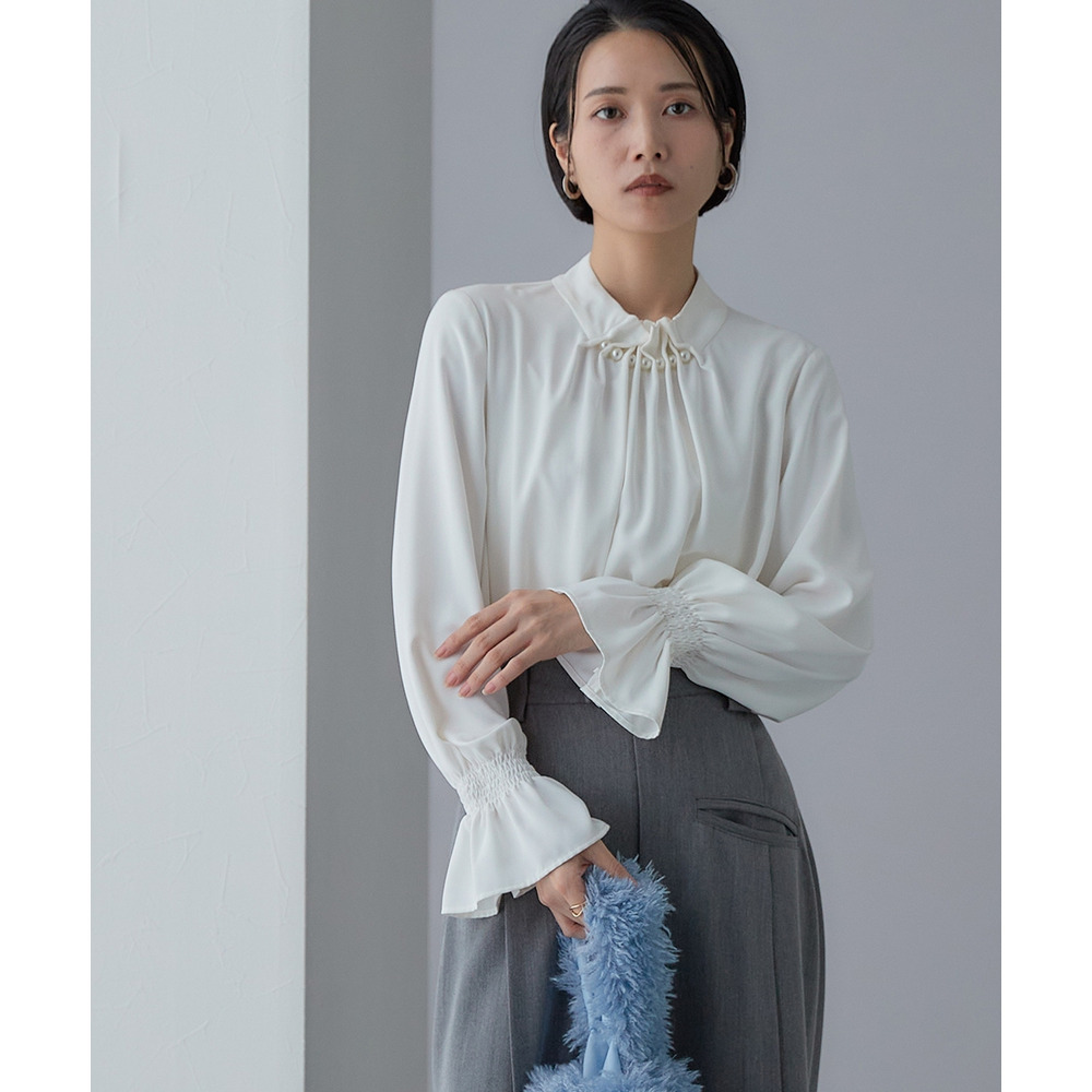 【入学式・卒業式・フォーマル】<単品>パウダークロスフロントタックパール調ボタンブラウス 大きいサイズ Callarus24