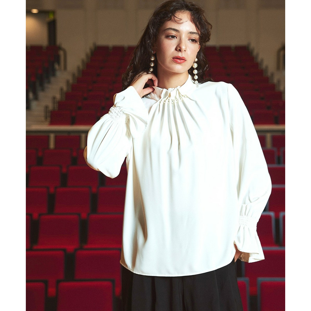 【入学式・卒業式・フォーマル】<単品>パウダークロスフロントタックパール調ボタンブラウス 大きいサイズ Callarus1