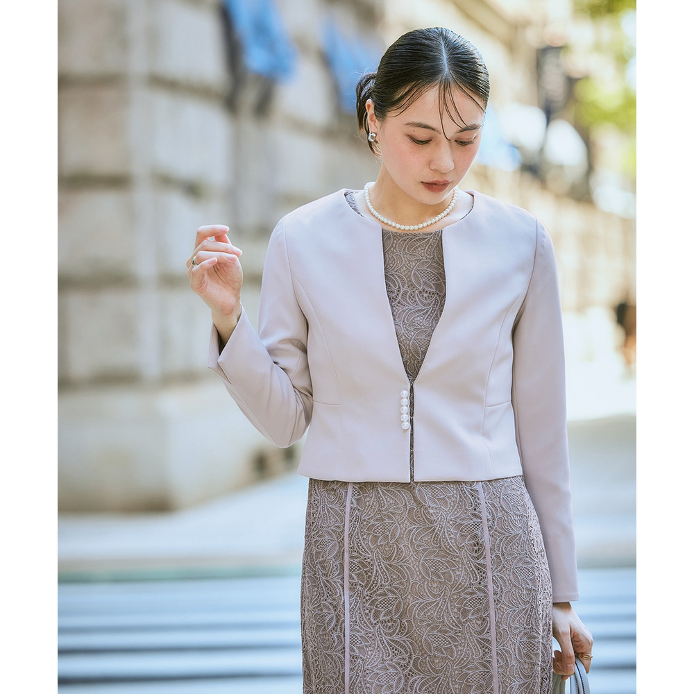 【入学式・卒業式・フォーマル】ダブルクロスパール調デザインノーカラージャケット+総レースワンピースアンサンブル 大きいサイズ Callarus14