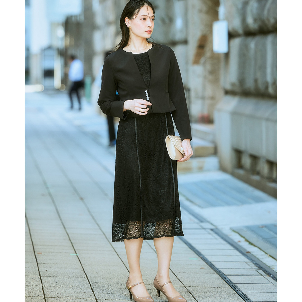 【入学式・卒業式・フォーマル】ダブルクロスパール調デザインノーカラージャケット+総レースワンピースアンサンブル 大きいサイズ Callarus15