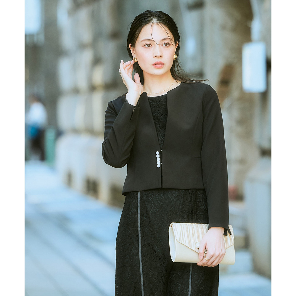 【入学式・卒業式・フォーマル】ダブルクロスパール調デザインノーカラージャケット+総レースワンピースアンサンブル 大きいサイズ Callarus16