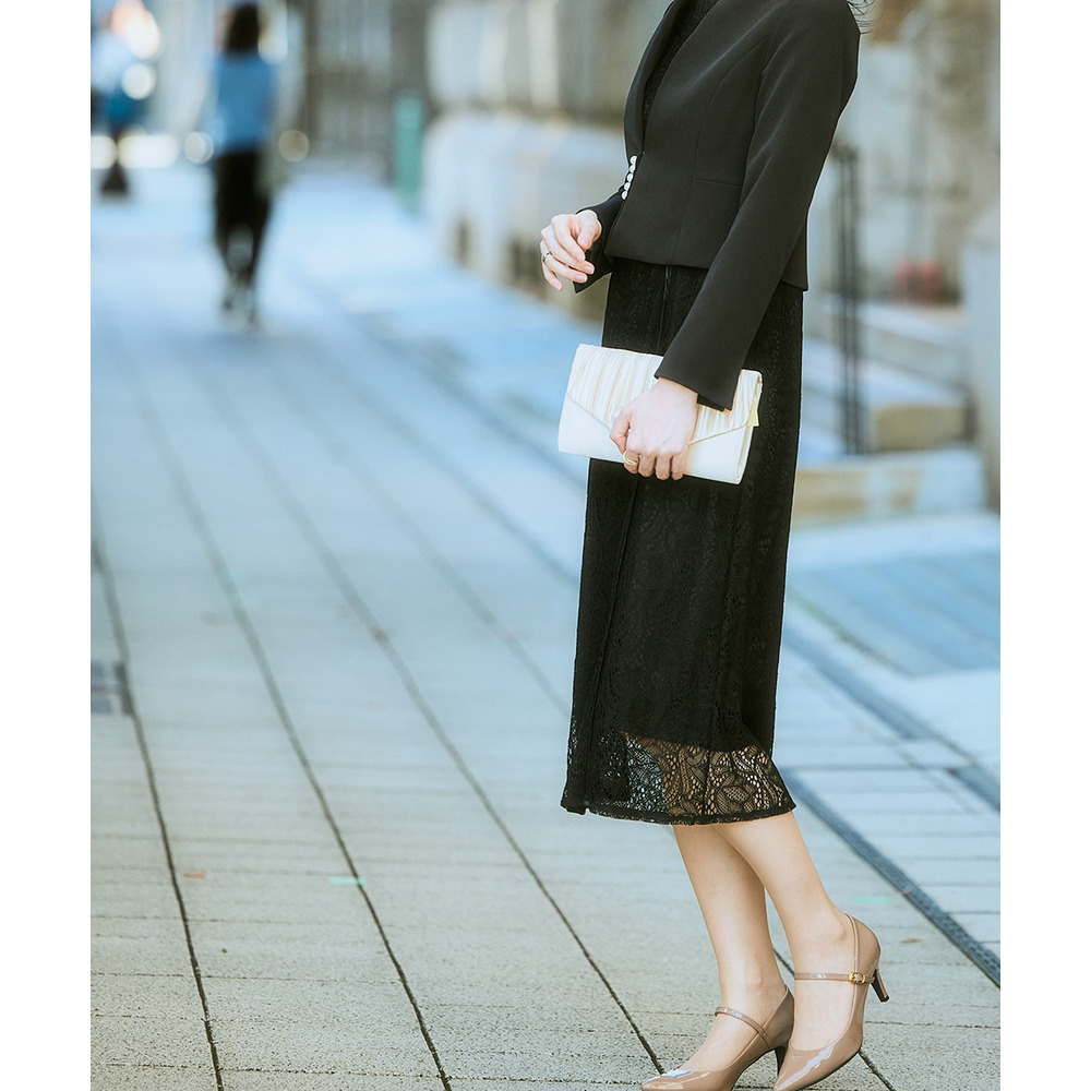 【入学式・卒業式・フォーマル】ダブルクロスパール調デザインノーカラージャケット+総レースワンピースアンサンブル 大きいサイズ Callarus17