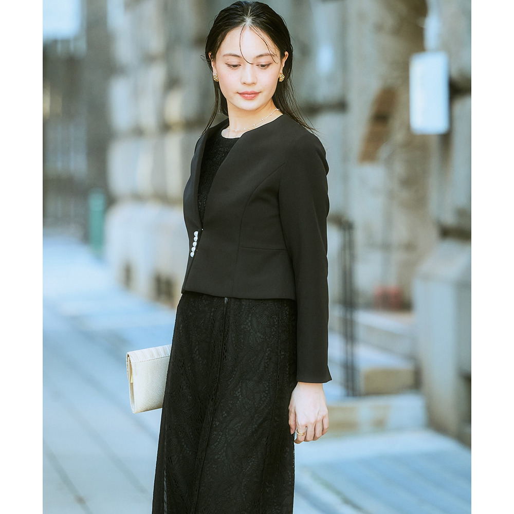 【入学式・卒業式・フォーマル】ダブルクロスパール調デザインノーカラージャケット+総レースワンピースアンサンブル 大きいサイズ Callarus18