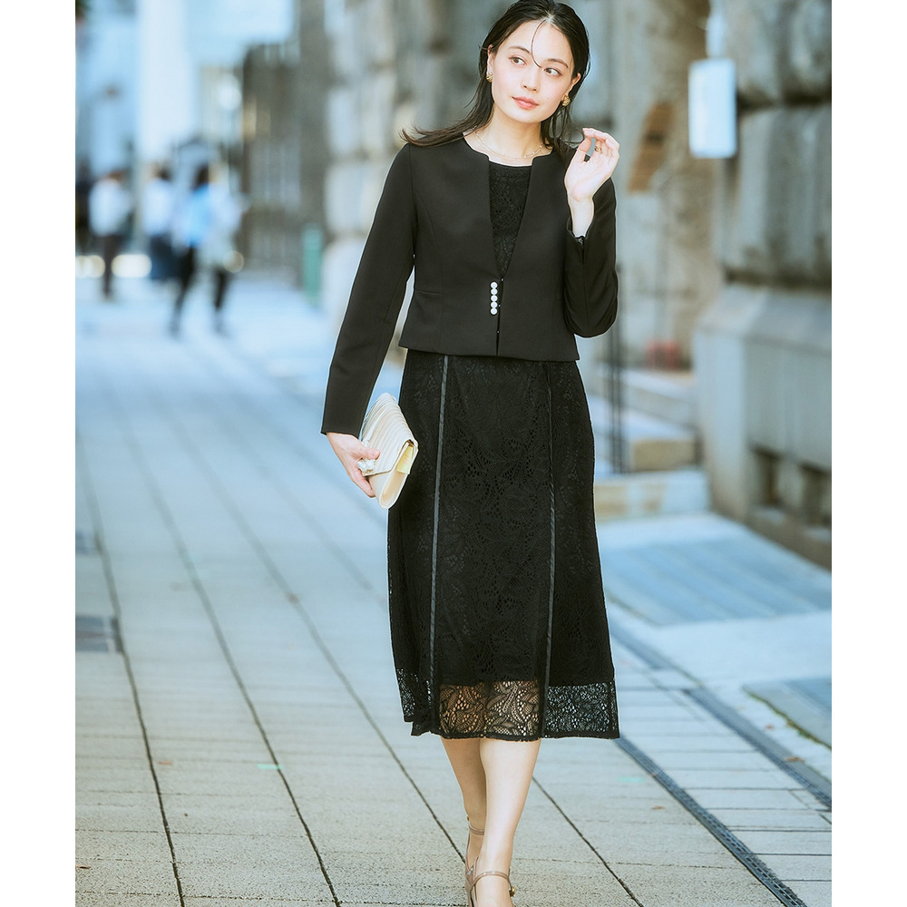 【入学式・卒業式・フォーマル】ダブルクロスパール調デザインノーカラージャケット+総レースワンピースアンサンブル 大きいサイズ Callarus19