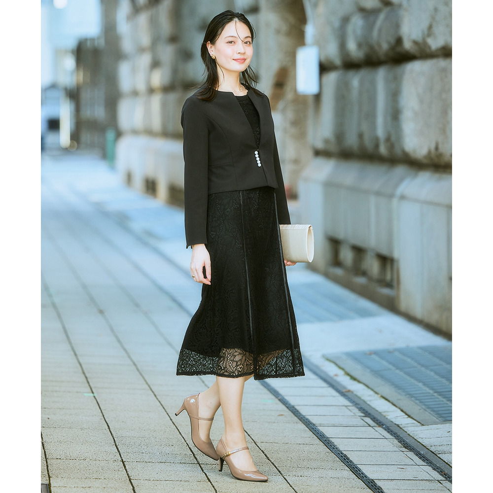 【入学式・卒業式・フォーマル】ダブルクロスパール調デザインノーカラージャケット+総レースワンピースアンサンブル 大きいサイズ Callarus20