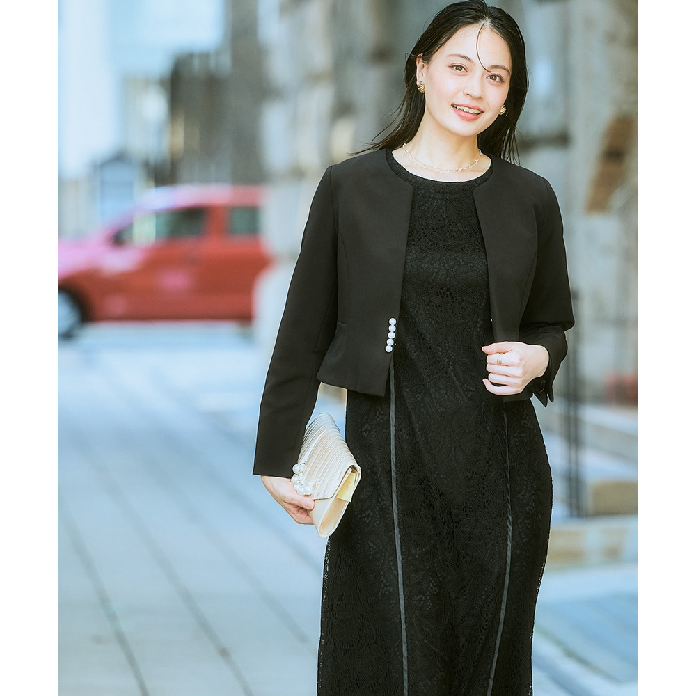 【入学式・卒業式・フォーマル】ダブルクロスパール調デザインノーカラージャケット+総レースワンピースアンサンブル 大きいサイズ Callarus21