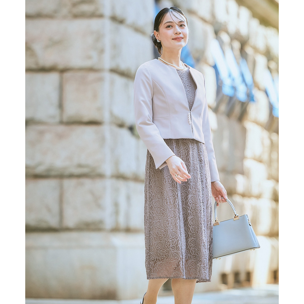 【入学式・卒業式・フォーマル】ダブルクロスパール調デザインノーカラージャケット+総レースワンピースアンサンブル 大きいサイズ Callarus4