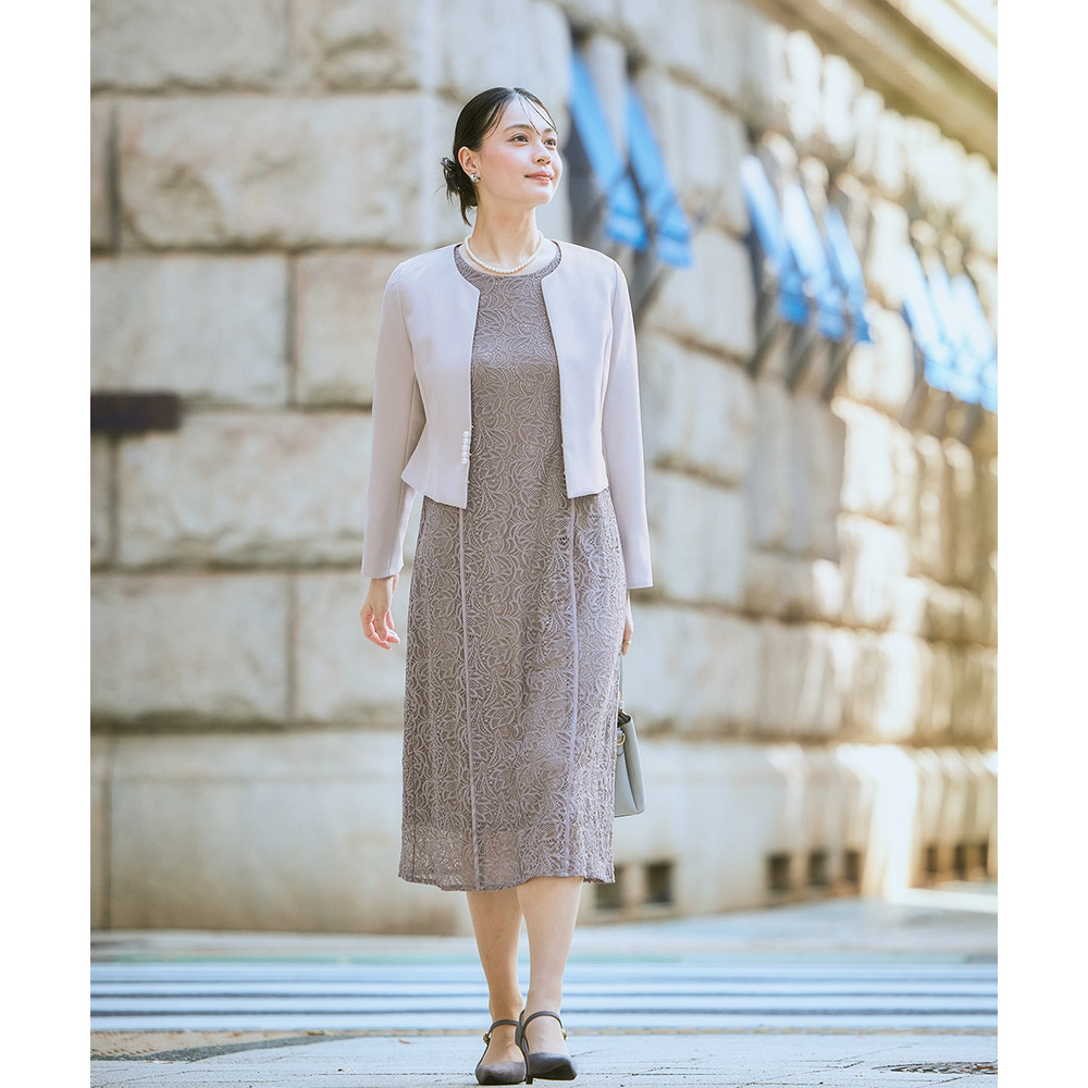 【入学式・卒業式・フォーマル】ダブルクロスパール調デザインノーカラージャケット+総レースワンピースアンサンブル 大きいサイズ Callarus5