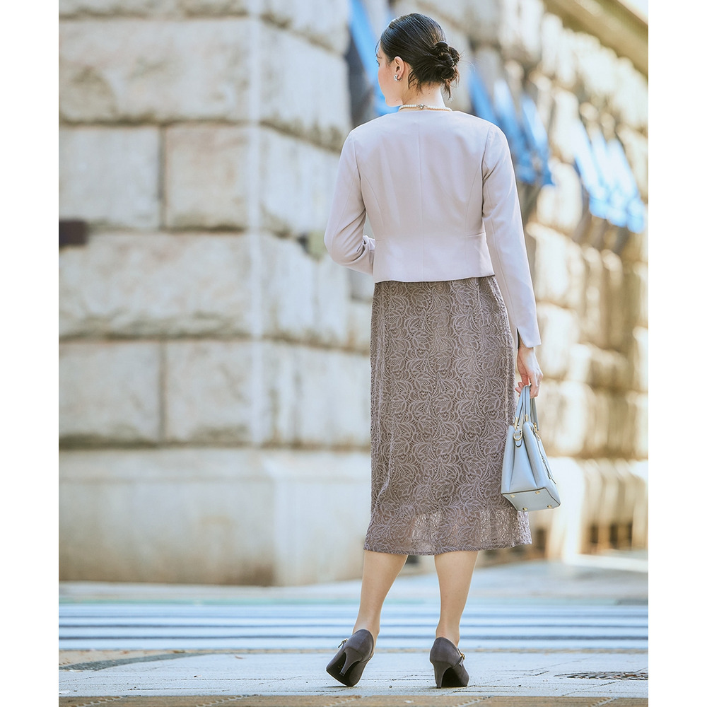 【入学式・卒業式・フォーマル】ダブルクロスパール調デザインノーカラージャケット+総レースワンピースアンサンブル 大きいサイズ Callarus6