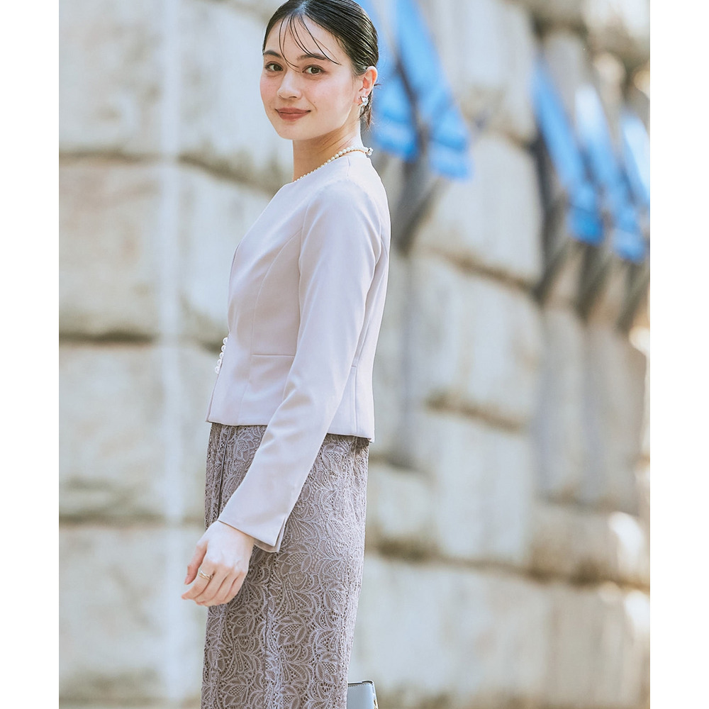 【入学式・卒業式・フォーマル】ダブルクロスパール調デザインノーカラージャケット+総レースワンピースアンサンブル 大きいサイズ Callarus7