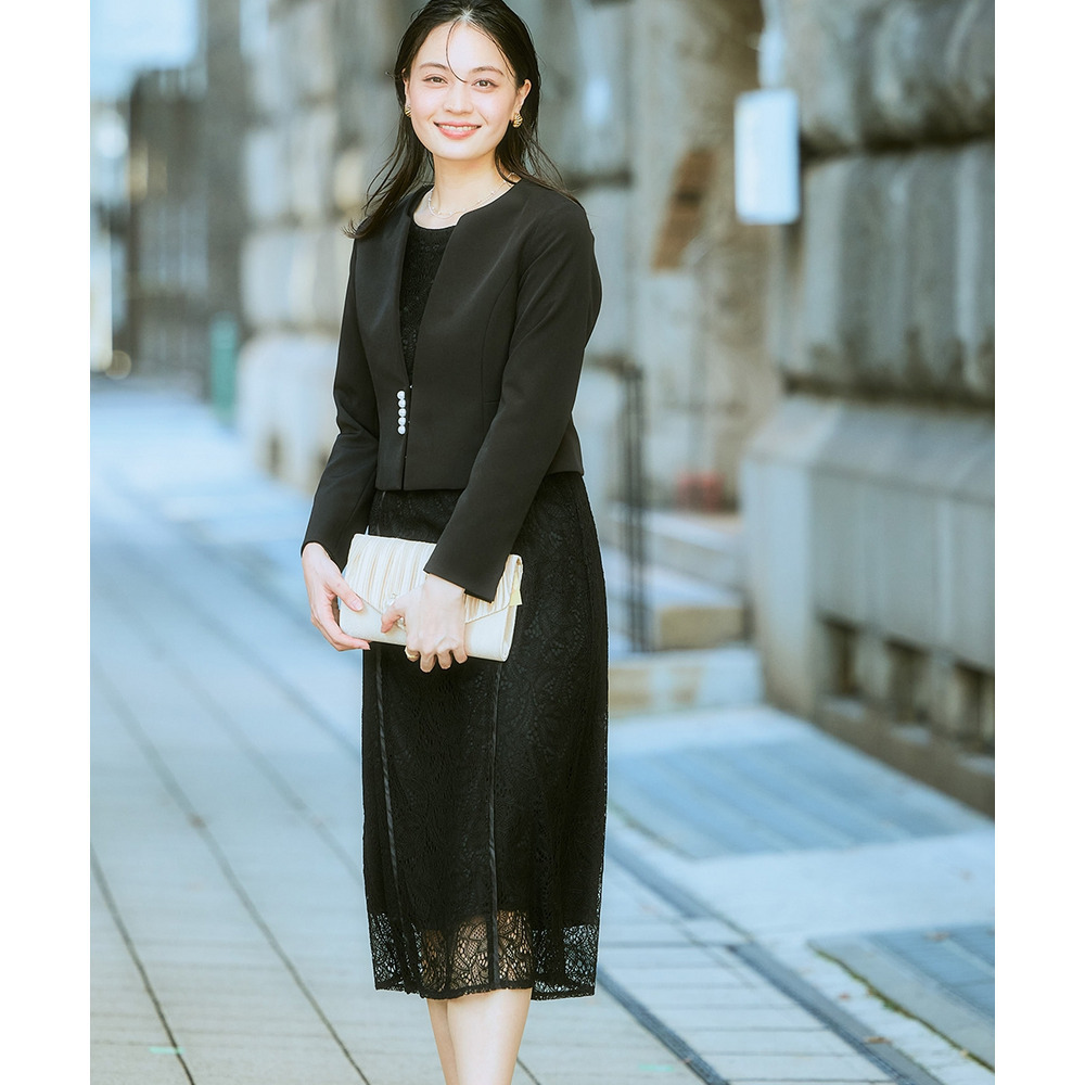 【入学式・卒業式・フォーマル】ダブルクロスパール調デザインノーカラージャケット+総レースワンピースアンサンブル 大きいサイズ Callarus1