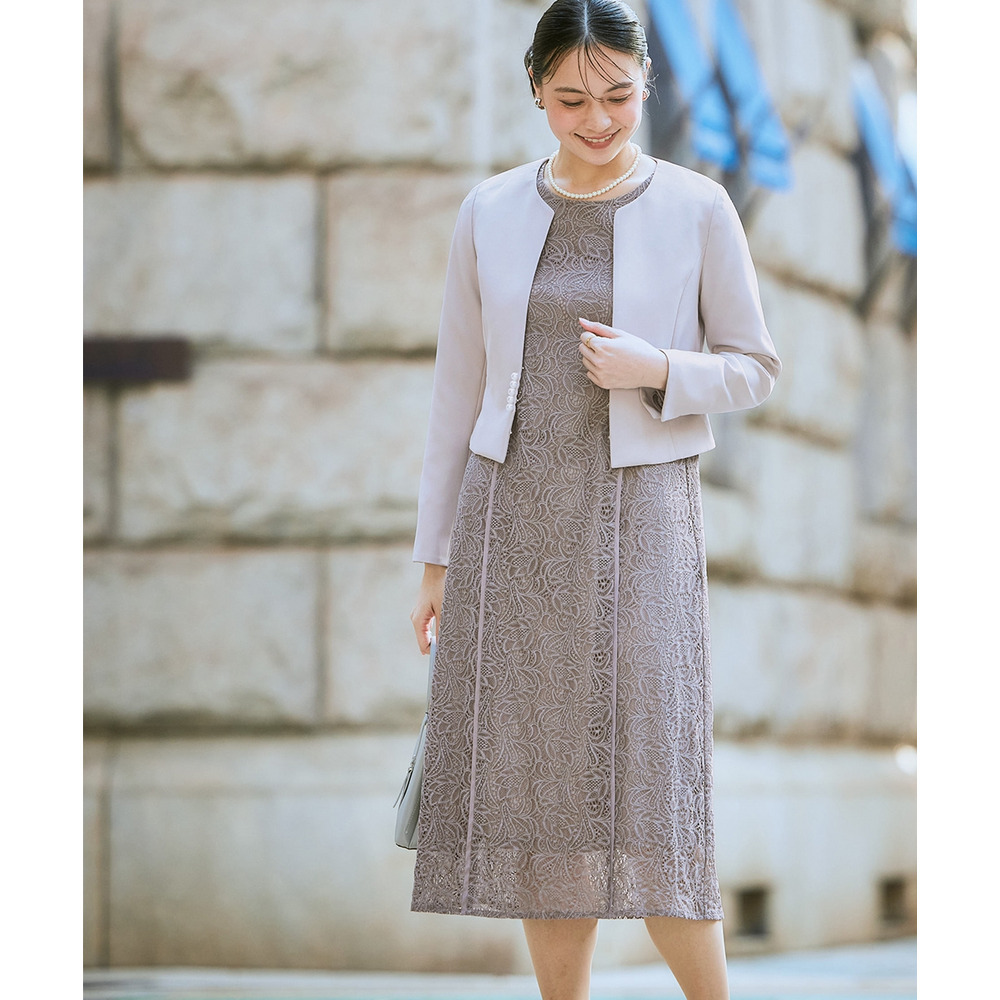 【入学式・卒業式・フォーマル】ダブルクロスパール調デザインノーカラージャケット+総レースワンピースアンサンブル 大きいサイズ Callarus1